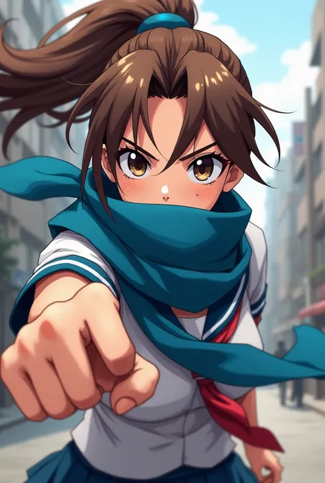 Anime girl, brown hair, ponytail, blue scarf, scarf covering mouth, schoolgirl outfit, clothes torn, fighting stance