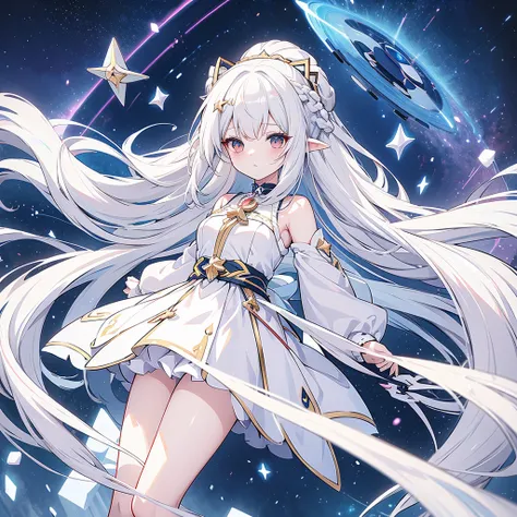 anime girl with long white hair and a star in her hair, White-haired goddess,  anime girl with space hair , star(null) starry_null,   flat anime style shading  ,  splash art anime Lori ,  white shining aura , White Hair Girl, Ethereal Anime, akasuki voidst...