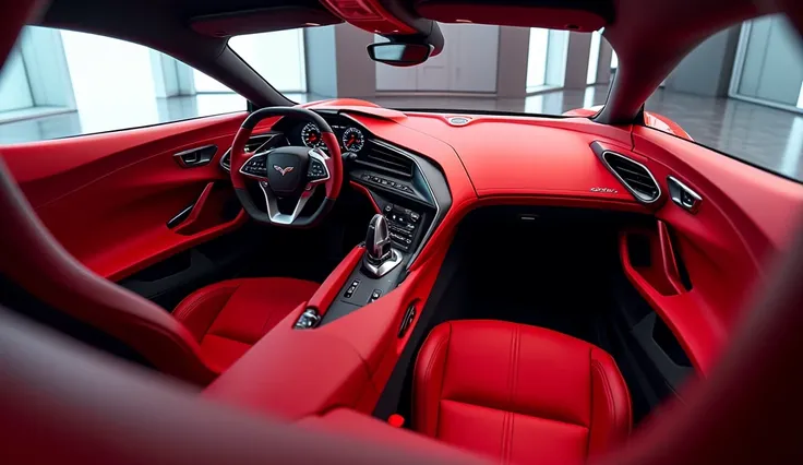 Red Interior design 2025 Chevrolet Corvette Zora captured da shboard full view in a showroom 