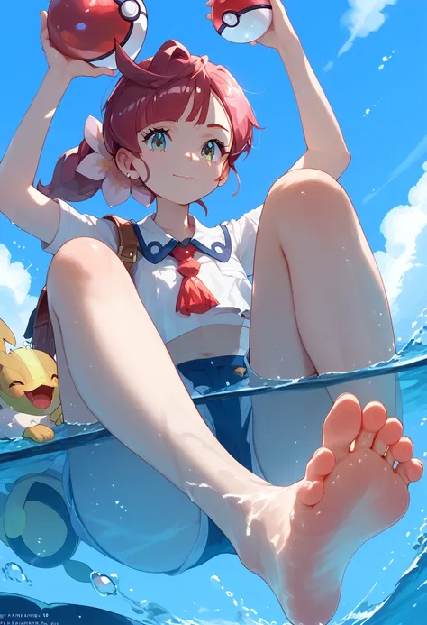 Chloe ceries (pokemon) , foot focus,2 sole,barefoot, masterpiece, Highest quality, Very detailed, high school girl、Diving