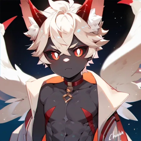 young fox boy,cat ears, chiseled abs, chiseled pecs,black skin, horns, wings,black sclera,red pupils,cute

