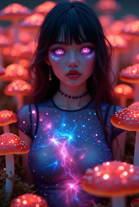 A (((truly fantastically full body realistic))), featuring a (((beautiful character))) with (((big, perfectly framed galaxy in eyes))), (big breast), glossy lips that add a whimsical atmosphere , and yet tasteful luminous neon top with bioluminescent that ...