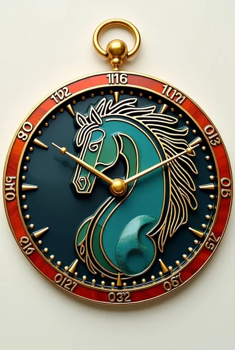 cloisonné enameling,horse, glossy, round emblem, Simple lines, There are numbers to indicate the time, but no hands,Golden lines