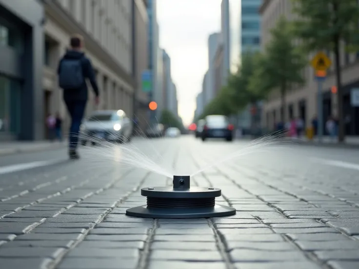 street water sprinkler in the middle of the road, small, flat on the ground. with detector on top.