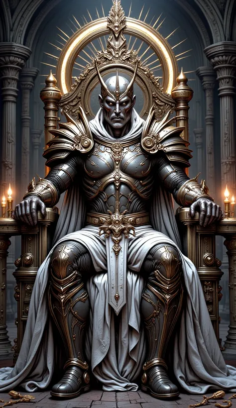 Wide view, portrait, futuristic, Sci-fi cinematic scene. Dramatic lighting Gothic style Royal chamber background. The Chamber lighting with lamb nad candles, Throne in center. The Holy Emperor sitting on Throne, he wearing the intricated detaied Metal Roma...