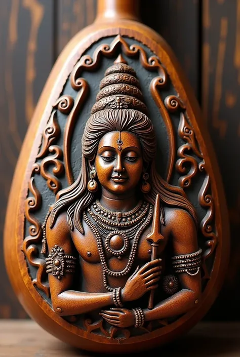 Full image taken from back side of Male Tanpura with Mahadev or shiva image design carved on the wooden back side of gullu only 