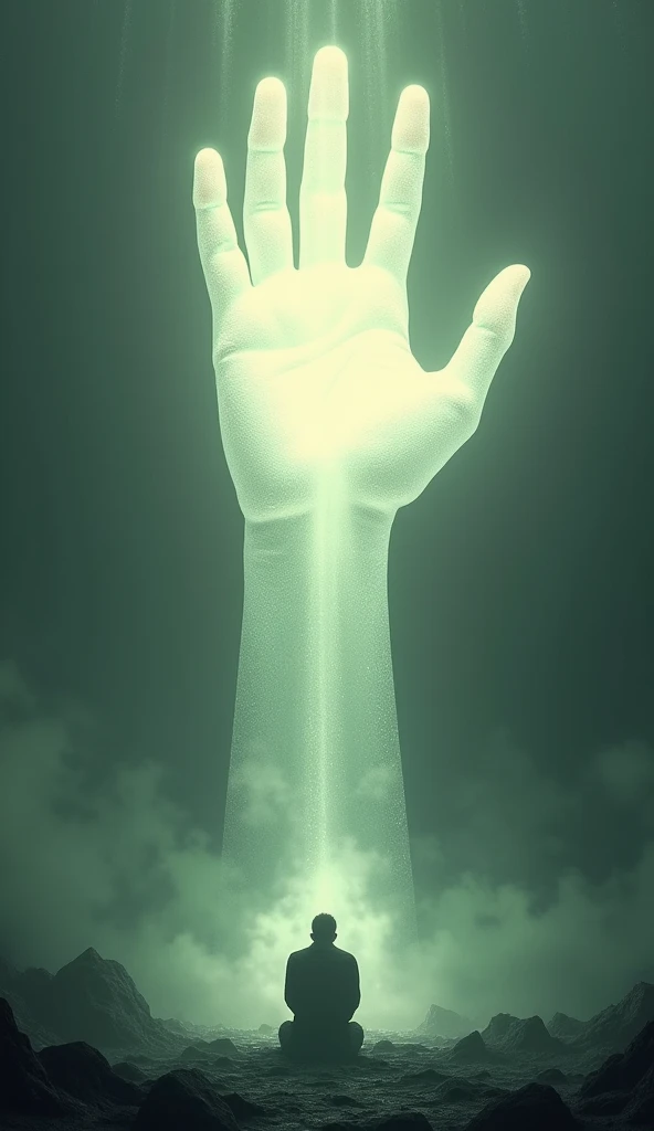  A giant, illuminated hand descending from the sky,  covering a person kneeling in prayer ,  surrounded by a dark landscape , with beams of light shining ,  symbolizing divine protection .