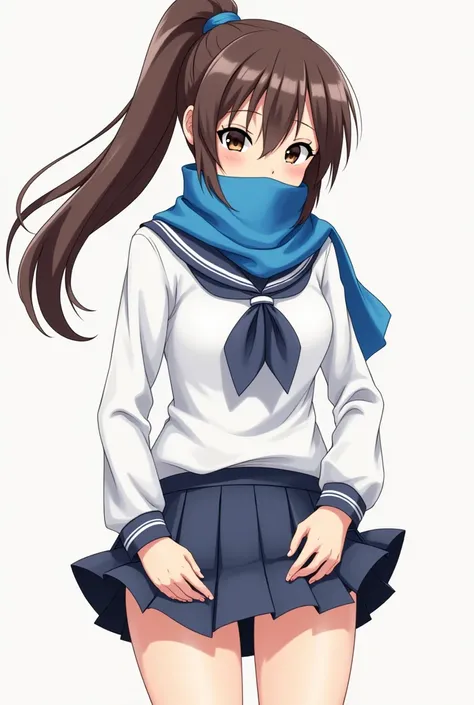 Anime girl, brown hair, ponytail, blue scarf, scarf covering mouth, schoolgirl outfit, pulling down panties