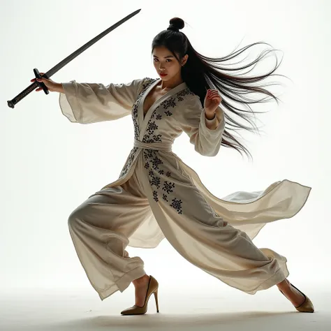 See all Chinese martial arts movie movements and postures on the web ,  Refer to all online Chinese martial arts competitions, 1 female, Actress,  Handsome, splash ink,  with Chinese armor plate decoration on the body, black hair, Hair flying in the wind ,...