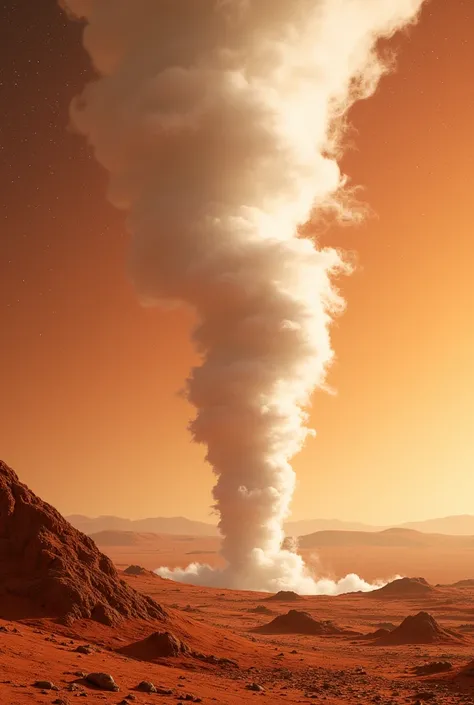  image of a white tornado on the surface of Mars, orange starry horizon 