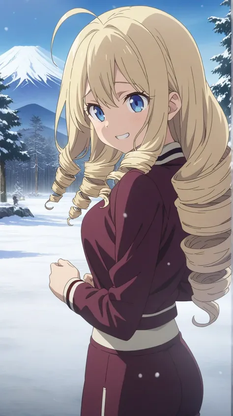 upper body, a girl, blonde, long hair, drill hair, ahoge, blue eyes, slant eyes, narrow eyes, hopeful, grinning, maroon sportswear long pants, maroon sportswear, Black platform boots, ojou-sama pose, looking back, Snow Scene, forest, Winter Mount Fuji back...