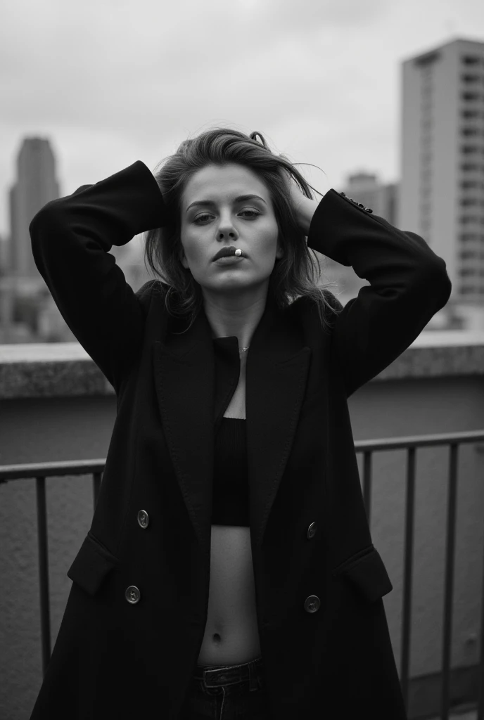 black and white portrait photography, Vogue photoshoot, deep shadows, low light ,full body shot of a Russian girl wearing a classy overcoat, smoking a cigarette, New york fashion, standing on a terrace in manhattan, Manhattan skyline in the background arms...