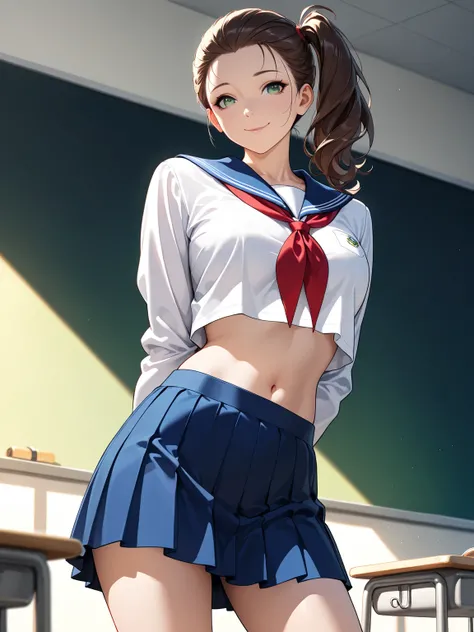 masterpiece, best quality, very aesthetic, realistic, Sharp Focus, high contrast, 1lady, JK, detailed green eyes, half opened mouth, smile, dark brown silky hair, hair pulled back, side ponytail, contrapposto, hands behind back, navel, Captivating thighs, ...