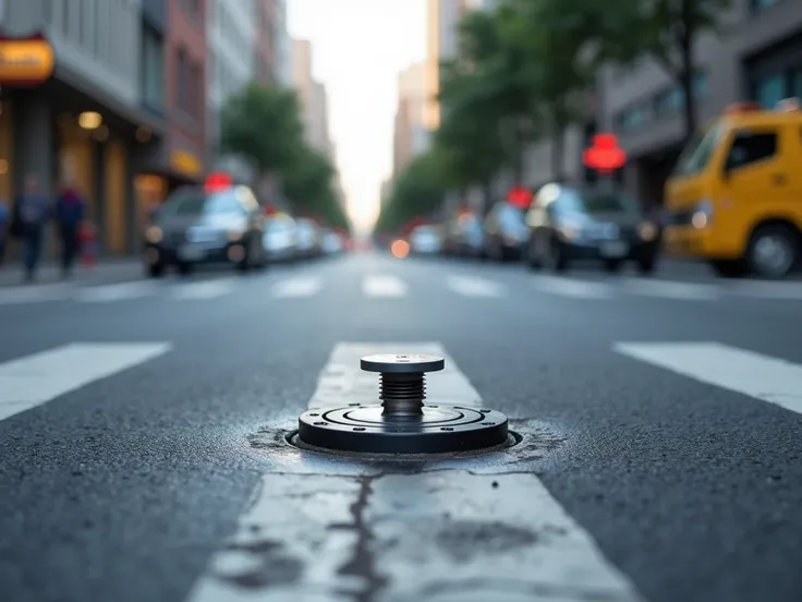 street water sprinkler in the middle of the road, small, installed below the ground. with detector on top.