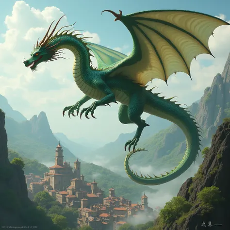 1dragon, flying through the air, (long dragon), (oriental dragon), fantasy art, green dragon, giant dragon, portrait, above a medieval town, seen from a cliff, clouds around