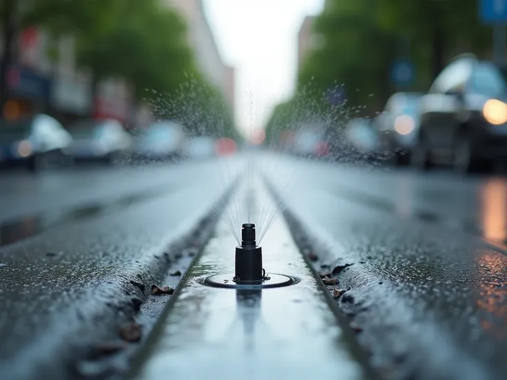 street water sprinkler in the middle of the road, small, installed below the ground that cannot be seen . with detector on top.