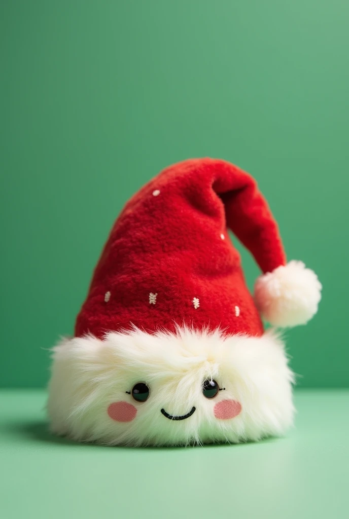 jellycat style red christmas hat plush toy，There is a smiley face on it ，lively，cute，Christmas theme， clean background， solid background ，Christmas green background ，珊瑚绒质感 ，fleece texture ，hairy，  light contrast color scheme， fluffy and soft texture ，Smoot...