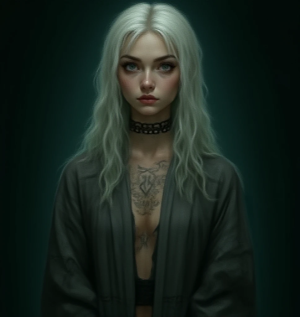 Delphinie Riddle, Young woman, prisoners robe, runic tattoos on hands, chest and neck, Azkaban uniform, gray with black stripes, chained hands, shackles, large chains, defiant look, long white hair, aqua green tips, gray right eye , left eye blue. Poster p...