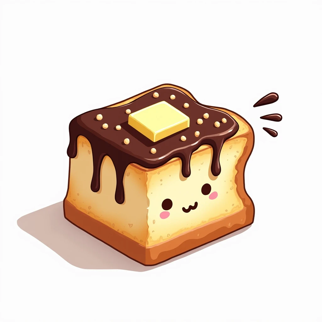 Logo One slice of toast topped with milk butter with chocolate sauce, brown flake topping, colorful, white border around white background, lots of details, anime lines, no appearance