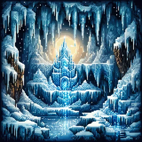 (Pixel art), Ice Palace, Silver snow, fantastic icicles , Night Sky, Shining Star,  mystical atmosphere