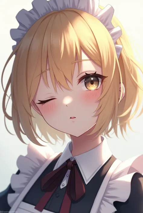  Short haired blonde girl (Hair covering one eye ) Wearing an anime maid costume 