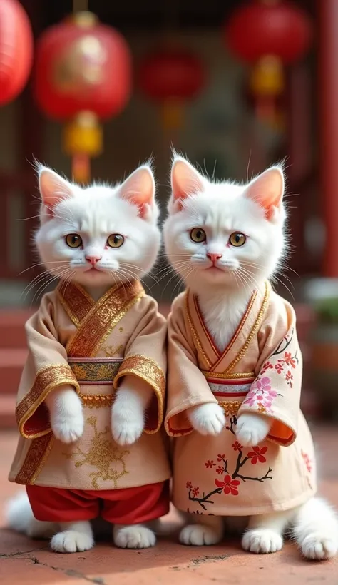  Baby Cats in a Cultural Heritage Shoot
Two white baby cats upright modeling traditional outfits inspired by different cultures. One wears an elegant sari with intricate gold details, while the other dons a festive kimono with cherry blossom patterns. The ...