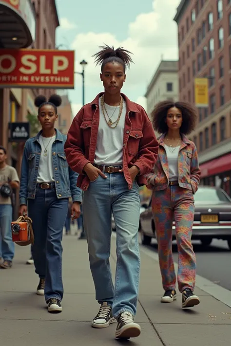  Ultra-realistic image (8k) saturated , 90s,  A typical 1994 photo could show a street scene in a city ,  with people wearing clothing characteristic of the time ,  like high-waisted pants , wide t-shirts ,  denim jackets and athletic shoes like Nike or Ad...