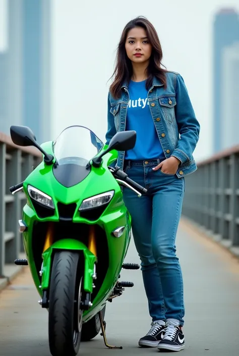 a beautiful Indonesian girl standing next to a giant green Kawasaki ninja motorcycle on a bridge wearing a blue shirt written on the name Mutya wearing a blue jeans jacket wearing blue jeans trousers wearing nike shoes