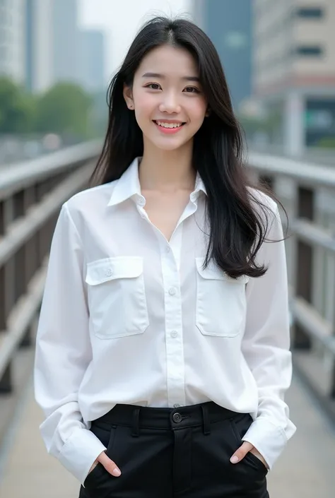 A beautiful Korean woman 
Wearing a white shirt 
Wearing black cargo pants
Again standing on the bridge 
Long straight hair
smile to the camera