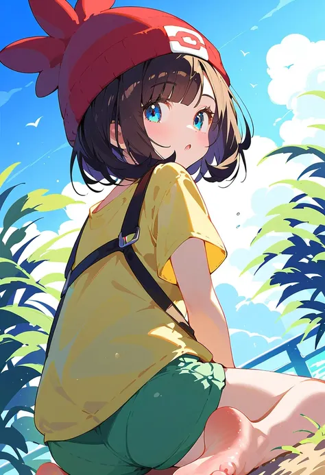 Mizuki( Pokémon)、Selene(pokemon),Black Bob Hair、Red knitted hat、 blue eyes、yellow short sleeve clothes short 、 green short shorts、barefoot、 kneeling、is　focus、 angle from behind