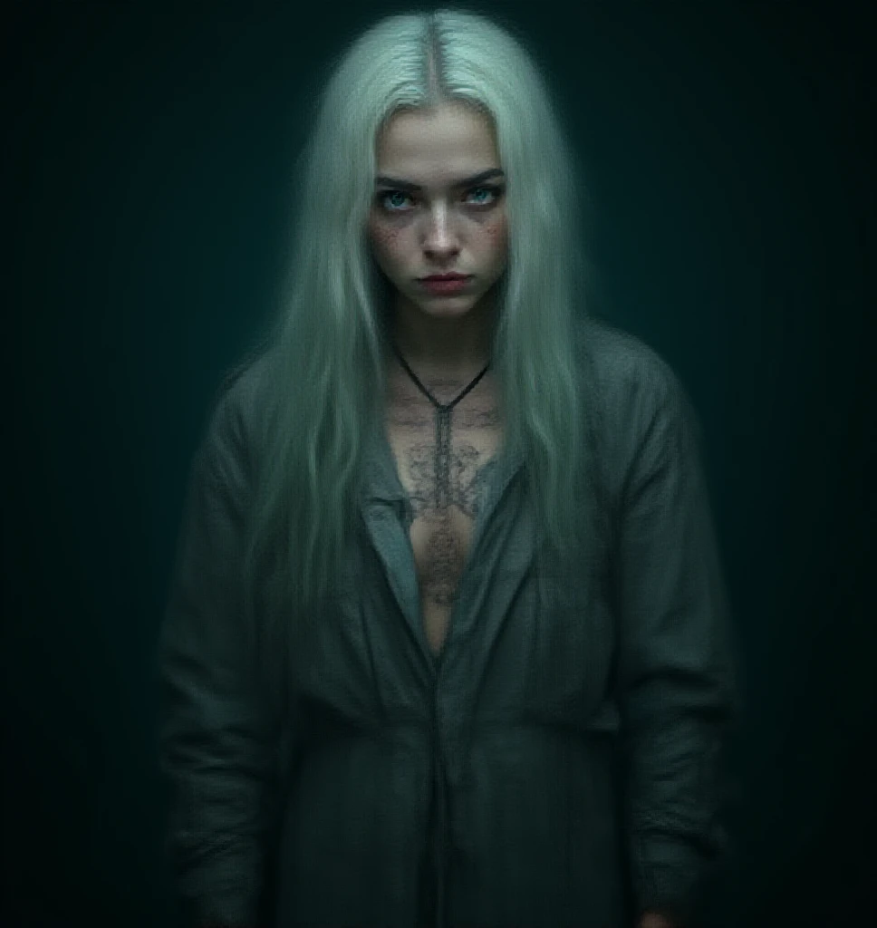 Delphinie Riddle, Young woman, prisoners robe, worn and old, runic tattoos on hands, chest and neck, Azkaban uniform, gray with black stripes, chained hands, shackles, large chains, defiant look, long white hair, aqua green tips, gray right eye, blue left ...