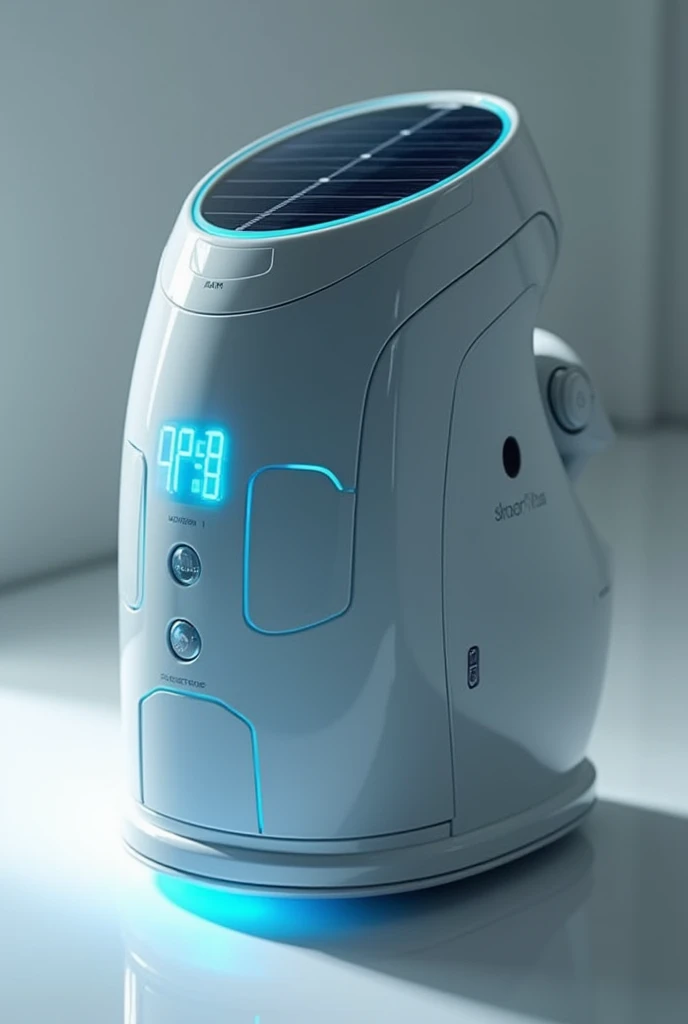 Hand clothes iron with wireless battery wireless power source of self-recharging solar energy from rechargeable batteries with an electronic plasma digital display with blue numbers incorporated on the top and with blue digital graphic buttons on the top c...