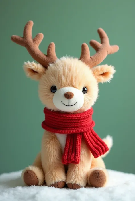 jellycat style christmas elk plush toy，Christmas elements，Red scarf，There is a smiley face on it ，lively，cute，Christmas theme， clean background， solid background ，Christmas green background ，珊瑚绒质感 ，fleece texture ，hairy，  light contrast color scheme， fluff...