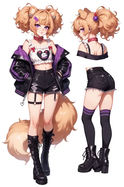 femboy, pomeranian dogboy, pomeranian dog ears, short curly hair, strawberry blond hair, purple eyes, dog collar, punk fashion, beauty marks, moles, freckles, fully clothed, oversized loose jacket,, masterpiece, best quality, knee highs, laced up boots, ch...