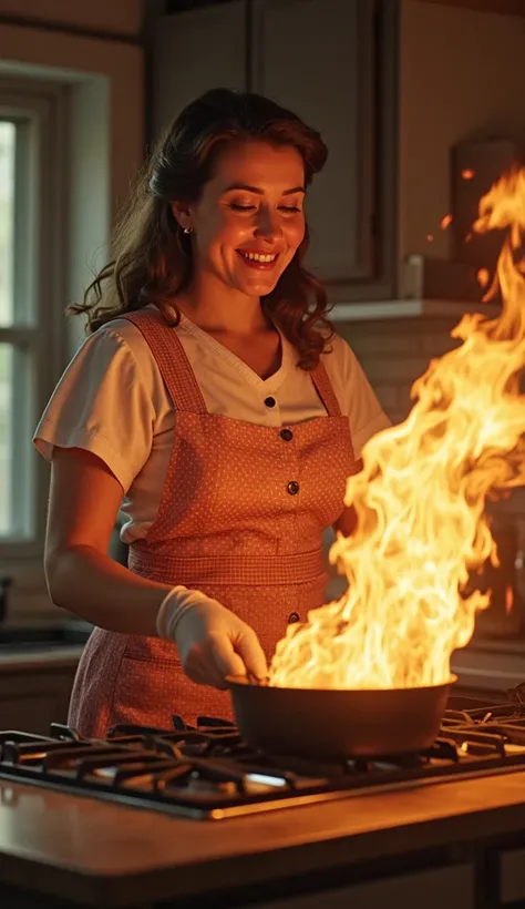  woman is cooking with a smile、Kitchen is on fire 、50s USA , RAW photo, detailed, masterpiece, absurdres,  highres icon, 16k, 8k, ((masterpiece:1.4, best quality)), ((masterpiece, best quality)),  (photo realistic:1.4)