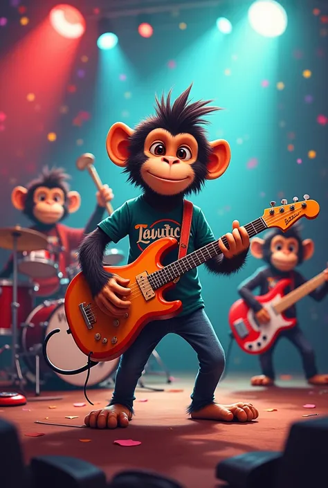  A band of lautistic monkeys . A guitarist, drummer and bassist .  Let the guitarist wear a t-shirt that says lauticio 