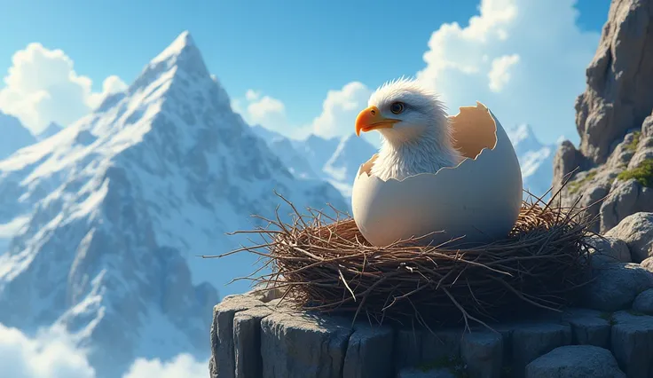 Anime, new born eagle coming out of the egg in a nest on top of a mountain 