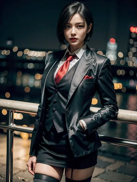 Resident Evil 4, Ada Wong, 1girl, makeup, silky hair, fully clothed, skirt suit, suit and tie, (((three-piece suit))), dress shirt, shirt and tie, necktie, ((blazer)), ((suit jacket)) ((waistcoat)), bodycon miniskirt, pantyhose, tights, stockings, red lips...