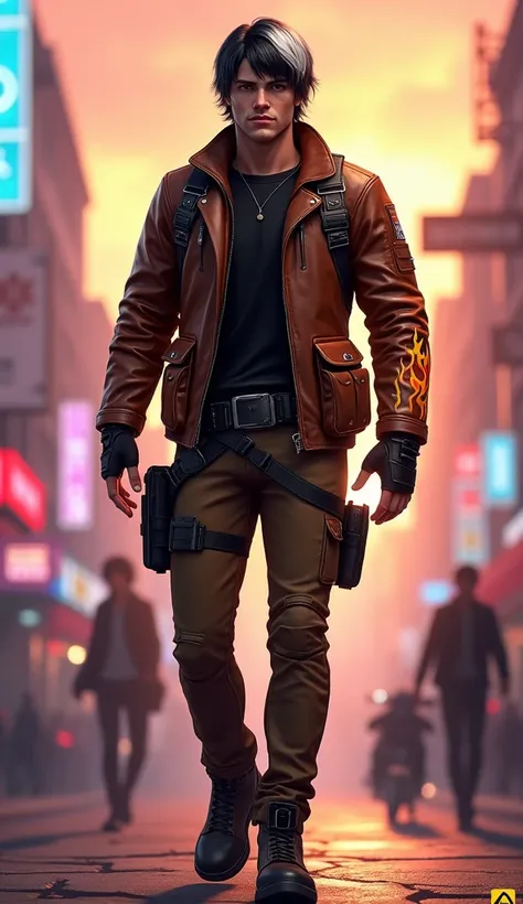 "A detailed 3D-style digital illustration of a male Free Fire character inspired by the image provided. The character has medium-length black hair with white highlights, wearing a rugged brown leather jacket with flame patterns on the arms, a black inner s...