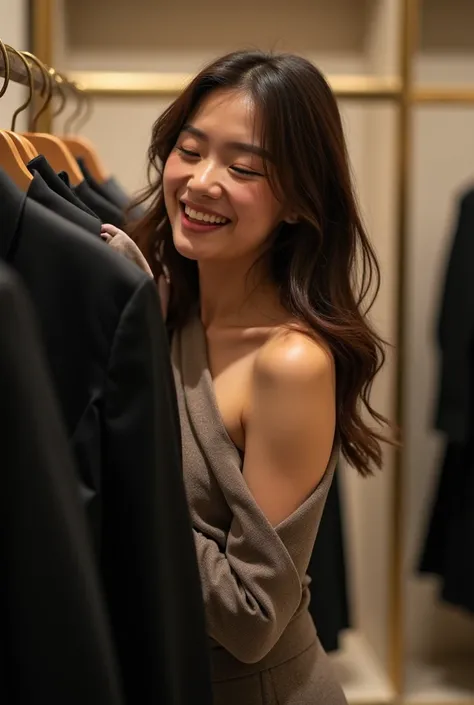 A 22-year-old Japanese woman with brown hair was photographed changing clothes in the fitting room of a clothing store and laughed bashfully 、 Shes a Famous Fashion Model 、Stylish、High sense、Top Model、High-end brands、 looks at me and smiles、 shot by a prof...