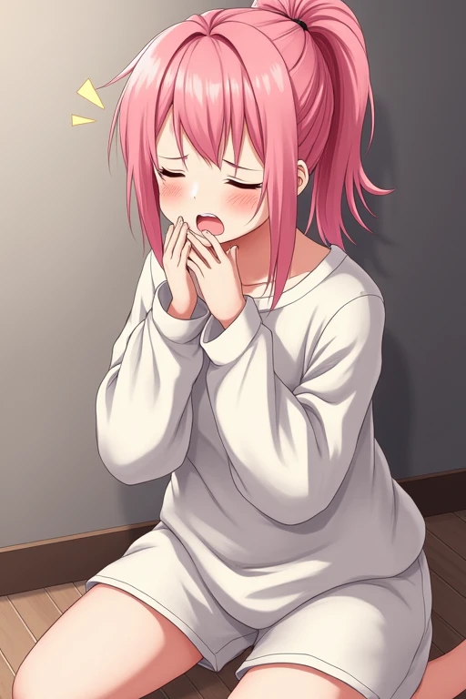 anime, 1 girl , chest, 大きなchest, Big Breasts, pink hair, ponytail ,  hairstyle with my hair pulled up and tied back, Messy hair, Yawning, place your hands on your mouth ,Waking up,Sleepy face, girl sitting,pajamas,Baggy clothes, Oversized Clothes ,chest元が広...