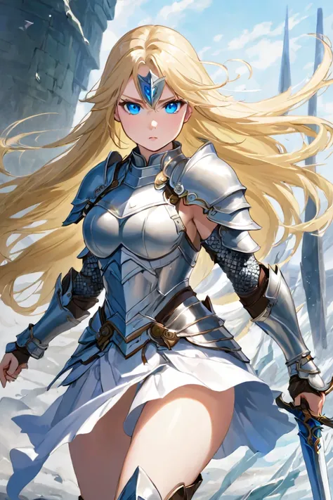 a beautiful warrior long blonde hair blue eyes small breasts armor white folded skirt she is attackedSchreien, 