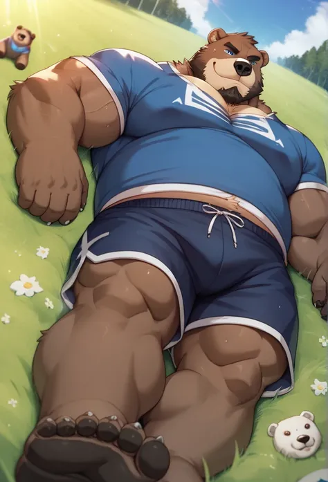 NJ5furry, Grizzly Bear, solitary，Beast field，chubby, Thick arms，Strong muscles，shorts，Plush，Chubby face，Black eyebrows，Sky blue eyes，beard，smirk:1.1，lying back on the grass,on stomach, daddy, (from below:1.1)，Lie down，（shirt,shorts），Sunlight , stinky feet ...