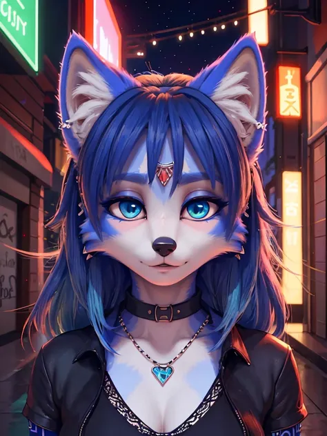 A portrait of  ((krystal)), Star Fox-Krystal, lovable, green eyes, ((( long blue hair 1 .3))), Decollete, anthro, Fuzzy,  detailed Fluffys fell, Detailed face, (Fluffy),  1 girl, ,woman, Goth, green eyes, undercut, ultra-realistic 8k cg ,  masterpiece, (( ...