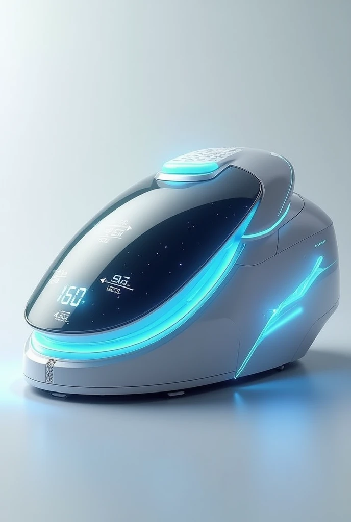 Hand clothes iron with wireless battery wireless power source of self-recharging solar energy from rechargeable batteries with an electronic plasma digital display with blue numbers incorporated on the top and with blue digital graphic buttons on the upper...