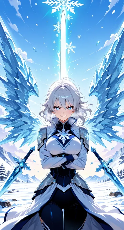 1girl,solo,blue eyes,pure glacial pupils,breast,aged up,crossed arm, smirk, dynamic pose, weapon,weapon formation from behind, taico haori,Frozen cherry blossoms,multiple weapon,ice theme, frozen icy weather, Arctic likes,(freezing foreground), big icy win...