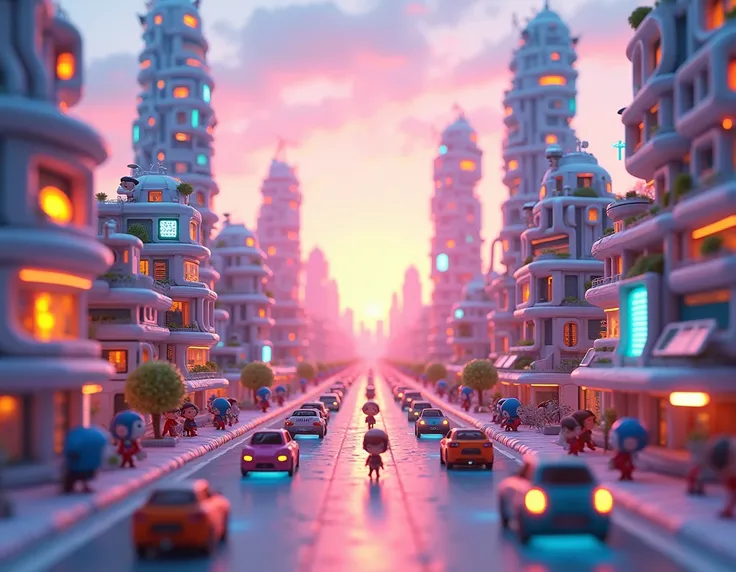 A futuristic cityscape designed in an adorable Chibi 3D style. The scene features compact, rounded skyscrapers with glowing neon accents and playful shapes. Streets are bustling with miniature autonomous vehicles, colorful hovercraft, and charming Chibi ch...