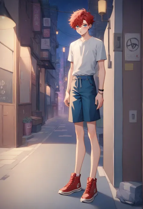 solo boy, alternative boy, emo boy, twink, oval face, gray blue eyes, taper fade curly hair with bangs, red hair, white shirt with koi fish patterns on it, very slim and muscular body, long legs, blue shorts, red shoes, standing up, alleyway, night, follow...