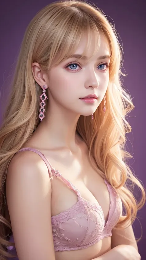  Blonde, Pink inner color, surrealism , 8k,   super detail 1 girl,  purple eyes,  long hair, earrings for a woman alone, brown eyes simple background , Curly Hair, 