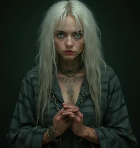 Delphinie Riddle, Young, beautiful woman, striped and gray prisoners robe, worn and old, big runic tattoos hands, chest and neck,, Azkaban uniform, gray with black stripes, chained hands, shackles, large chains, challenging look, long white hair, messy, un...